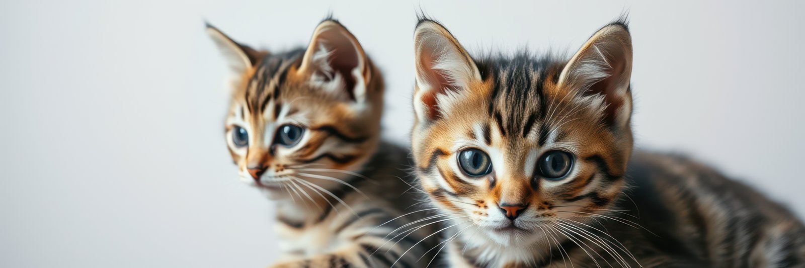 Two adorable kittens with distinct patterns playfully pose together on a neutral background in a cozy indoor setting